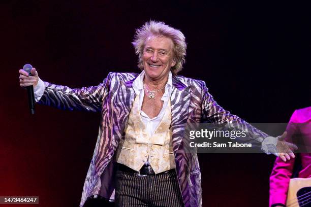 Rod Stewart performs at Rod Laver Arena on March 14, 2023 in Melbourne, Australia.
