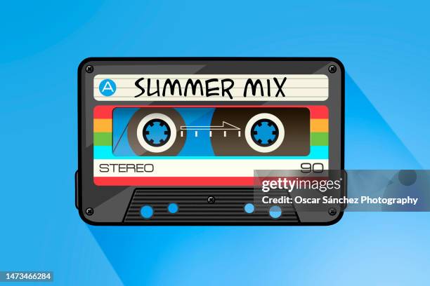 retro cassette audio tape vector illustration on blue background - summer sounds stock-fotos und bilder