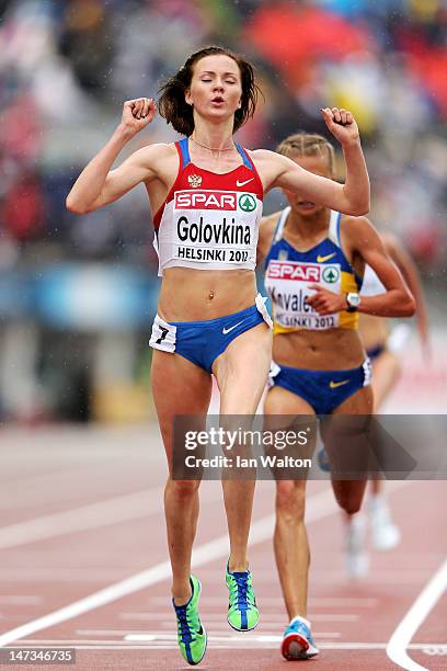 Olga Golovkina of Russia celebrates winning the Women's 5000 Metres final during day two of the 21st European Athletics Championships at the Olympic...