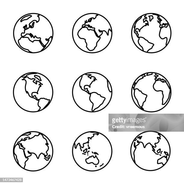 stockillustraties, clipart, cartoons en iconen met earth globe views simplified outline icons - asia continent