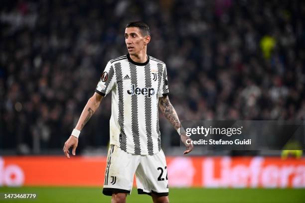 Angel Di Maria of Juventus FC reacts during the UEFA Europa League round of 16 leg one match between Juventus and Sport-Club Freiburg at Juventus...