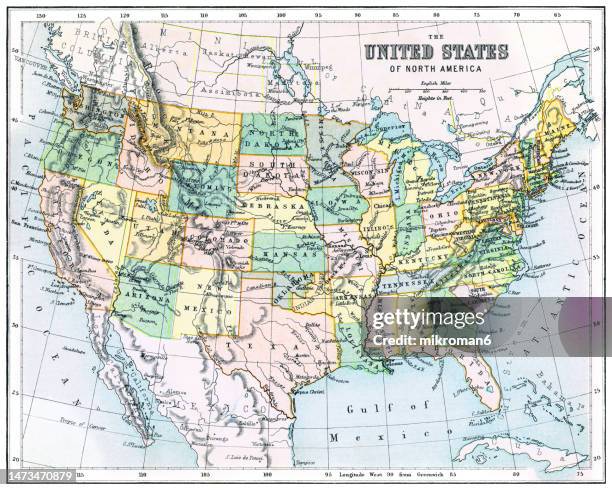 old chromolithograph map of united states of america (usa) - mexico map stock pictures, royalty-free photos & images