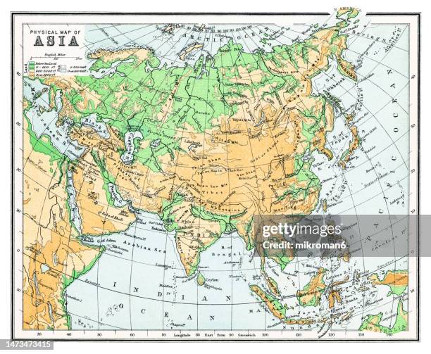 old chromolithograph map of physical map of asia - contour map stock pictures, royalty-free photos & images