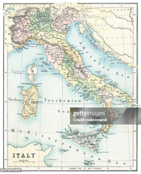 old chromolithograph map of italy and islands - country map stock pictures, royalty-free photos & images