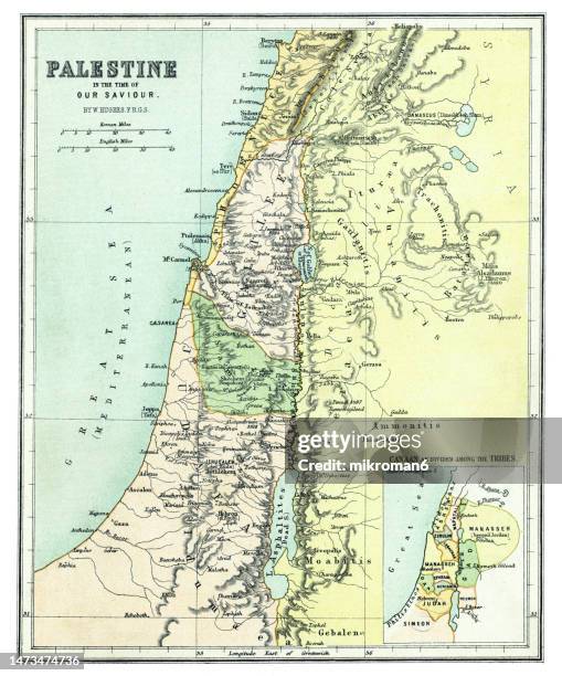 old chromolithograph map of palestine in the time of our saviour - art history stock pictures, royalty-free photos & images