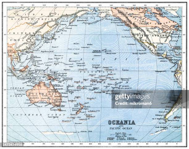 old chromolithograph map of oceania and pacific ocean - pazifik karte stock-fotos und bilder