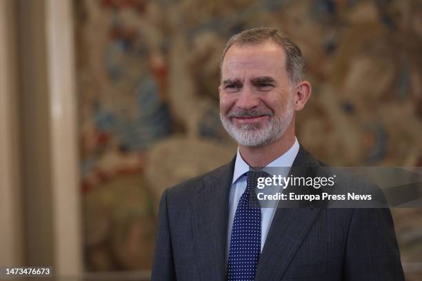 King Felipe VI on his arrival to receive in audience a representation of Club Deportivo Tenerife, at the Zarzuela Palace, on 14 March, 2023 in...