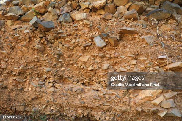 close-up of the vertical section of the ground with stones - sedimentary stock pictures, royalty-free photos & images