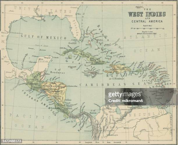 old chromolithograph map of west indies (british guiana), central america (venezuela) part of colombia and jamaica - symbols on old maps stock-fotos und bilder