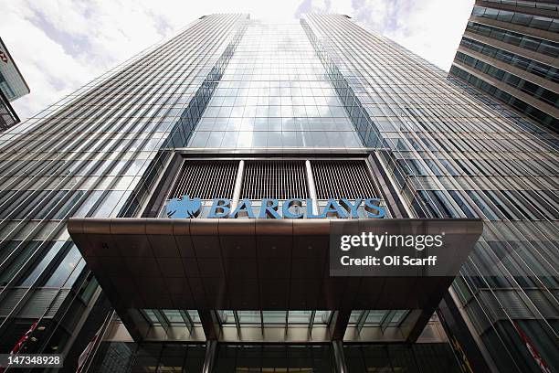 The Canary Wharf headquarters of Barclays Bank, who have been fined 290 million GBP for manipulating the Libor inter-bank lending rate, on June 28,...