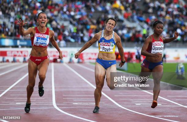 Ivet Lalova of Bulgaria beats Olesya Povh of Ukraine in the Women's 100 Metres Final during day two of the 21st European Athletics Championships at...