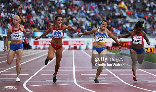 Ivet Lalova of Bulgaria beats Olesya Povh of Ukraine in the Women's 100 Metres Final during day two of the 21st European Athletics Championships at...