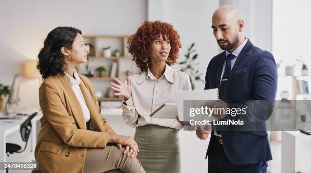 office portfolio, communication and business people teamwork on brand advertising, sales forecast or data analysis. diversity group, collaboration or review of insight, statistics or research summary - employee engagement survey stock pictures, royalty-free photos & images