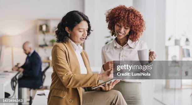 diversity, tablet and business women collaboration on brand advertising, sales forecast or online data analysis. london app research, communication and teamwork review of customer experience survey - feedback business stock pictures, royalty-free photos & images