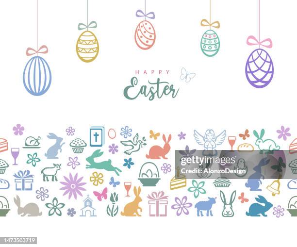 easter seamless pattern. icons with easter eggs, tags, flowers, bunnies and butterflies. - wild card 幅插畫檔、美工圖案、卡通及圖標