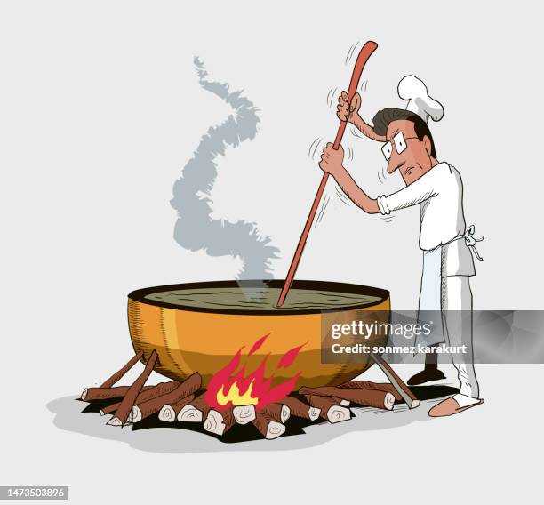 the cook stirs a giant cauldron on a wood fire - boarding school stock illustrations