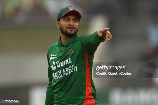 Shakib Al Hasan of Bangladesh during the 3rd T20 International match between Bangladesh and England at Sher-e-Bangla National Cricket Stadium on...