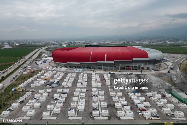 Tent city near by the Hatay Stadium in the earthquake on March 14, 2023 in Hatay, Türkiye. The death toll from a catastrophic earthquake that hit...