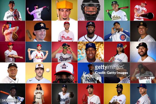 In this composite image, players from all 30 competing teams pose from the MLB Photo Days for the 2023 Season.