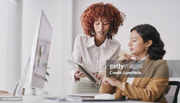 office tablet, communication and personal assistant with leader, manager or boss talking, consulting and review online research. talking, ecommerce partnership or diversity teamwork on corporate data - secretary stock pictures, royalty-free photos & images