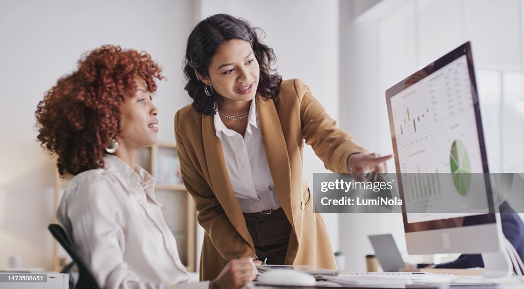 Uomini d'affari, computer e analisi che monitorano le statistiche aziendali di grafici o grafici sullo schermo in ufficio. Donne dipendenti in collaborazione con il lavoro di squadra che esaminano i dati aziendali o le analisi su PC