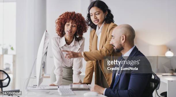 administration computer, collaboration or business people point at financial diversity funding, finance or online accounting. fintech database, data analysis or accountant teamwork on bank compliance - similarity stock pictures, royalty-free photos & images