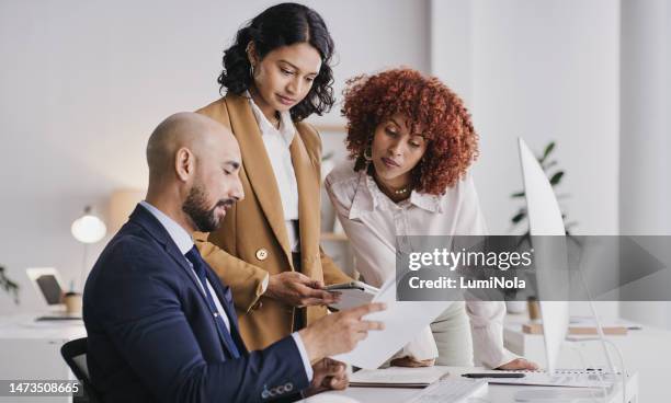 administration teamwork, office documents or people review financial data, finance funding or accounting statistics. bookkeeping portfolio, tax analysis or accountant collaboration on bank compliance - money markets imagens e fotografias de stock