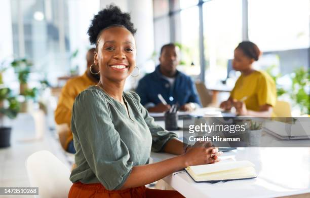 black woman, portrait and smile at table for office meeting, teamwork collaboration and project management. happy employee in seminar, workshop and startup company for professional business support - represented stock pictures, royalty-free photos & images
