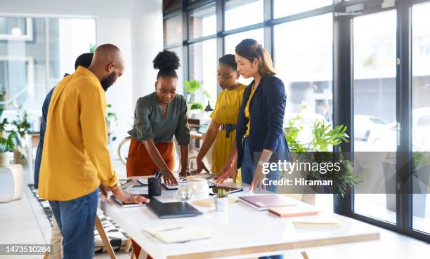 business people, creative teamwork and planning collaboration in agency for innovation, strategy and ideas. group of designers meeting in startup for project, feedback information and office workshop - public scrutiny stock pictures, royalty-free photos & images