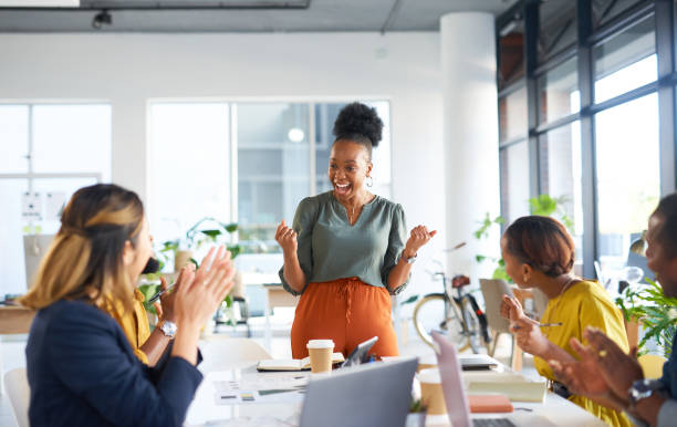applause, business and black woman in office for teamwork, motivation or celebration in meeting. happy manager, success and clapping hands in winning support, happiness or excited collaboration goals - clapping hands stock pictures, royalty-free photos & images