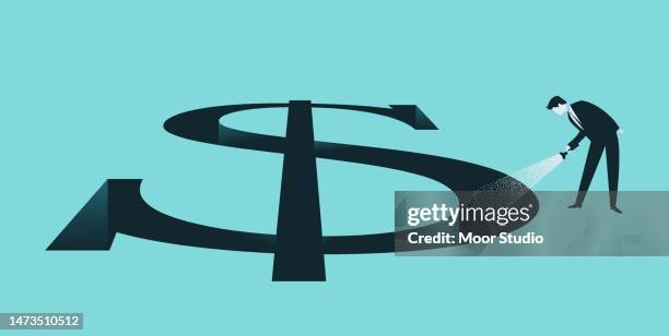 man with flashlight looking into dollar hole - lost stock illustrations