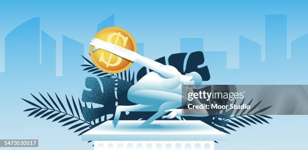 stockillustraties, clipart, cartoons en iconen met statue of discobolus throwing dollar. - flipping a coin