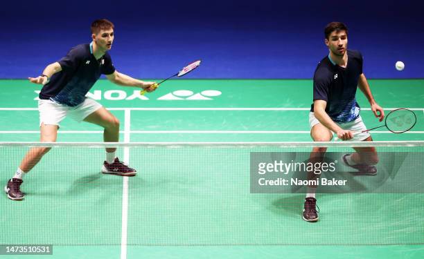Toma Junior Popov and Christo Popov of France in action during their Men's Doubles match during Day One of the Yonex All England Open Badminton...
