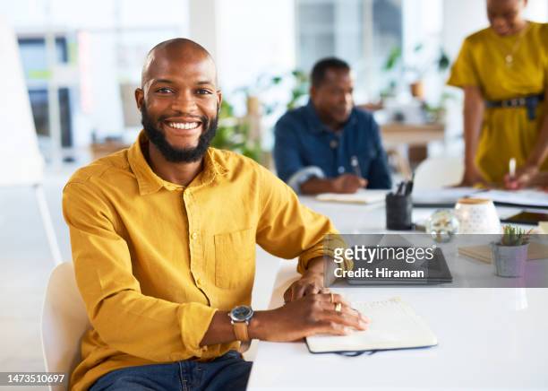black man, portrait and notebook for business meeting, startup team collaboration or office management. happy employee, smile and planning information notes in seminar, workshop and strategy at table - represented stock pictures, royalty-free photos & images