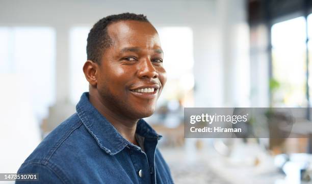 black man, portrait and happy in office, startup agency and creative company with motivation in nigeria. face, smile and business manager in leadership working with trust, happiness and pride of boss - headshot background stock pictures, royalty-free photos & images