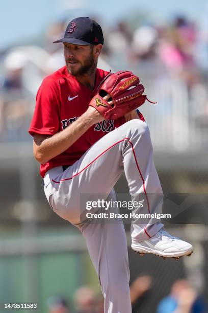 Chris Sale of the Boston Red Sox pitches during a spring training game against the Minnesota Twins on March 11, 2023 at the Hammond Stadium in Fort...