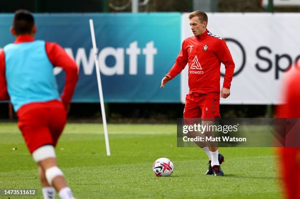 James Ward-Prowse during a Southampton FC training session at the Staplewood Campus on March 14, 2023 in Southampton, England.