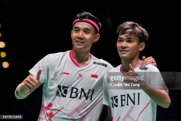 Muhammad Shohibul Fikri and Bagas Maulana of Indonesia celebrate the victory in the Men's Doubles first round match against Kim Gi Jung and Kim Sa...