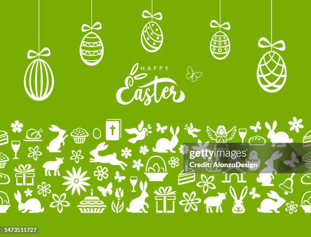 stockillustraties, clipart, cartoons en iconen met easter seamless pattern. icons with easter eggs, tags, flowers, bunnies and butterflies. - butterfly white background