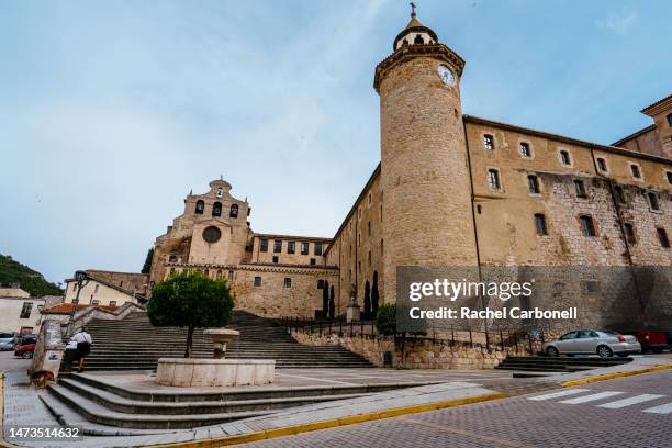 man with dog at oña´s san salvador monastery. - san salvador stock pictures, royalty-free photos & images