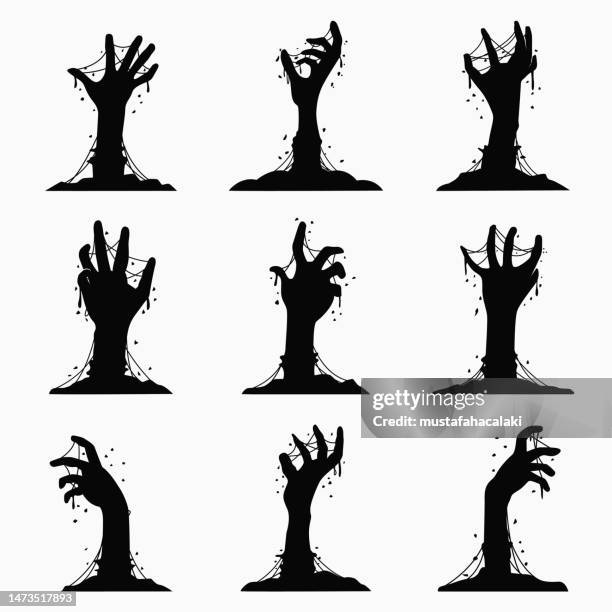 ilustrações de stock, clip art, desenhos animados e ícones de cartoon zombie hand silhouettes - sepulcro