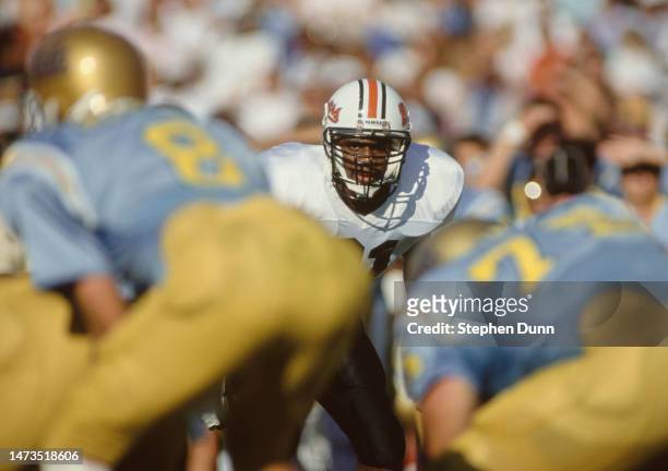 Zechariah Davis , Defensive Back for the Oregon State Beavers looks over to the UCLA Bruin offensive line at the line of scrimmage during the NCAA...