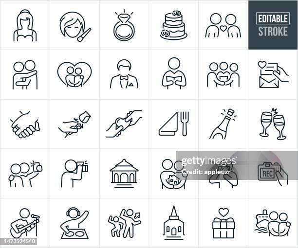 marriage and wedding thin line icons - editable stroke - champagne glass clipart stock illustrations