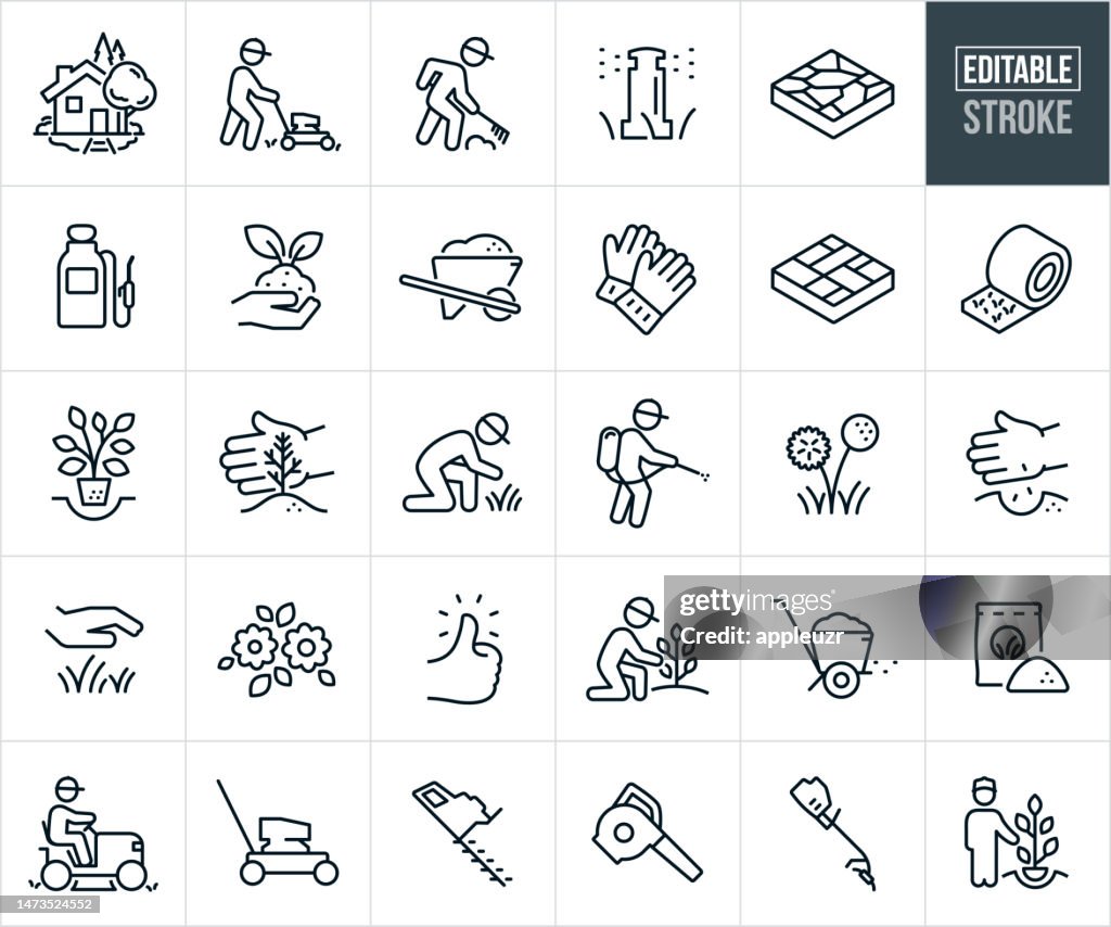 Paisajismo y jardinería Iconos de línea fina - Trazo editable