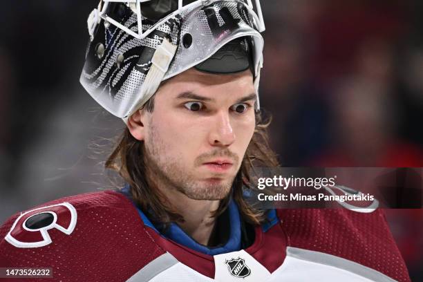 Alexandar Georgiev of the Colorado Avalanche skates during stoppage in the second period against the Montreal Canadiens at Centre Bell on March 13,...