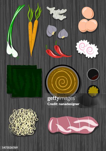 ramen knolling - vegetable beef soup stock illustrations