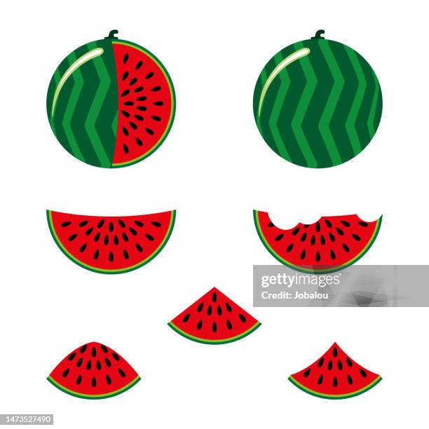 cute cartoon healthy watermelon whole slices half pieces - watermelon rind stock illustrations