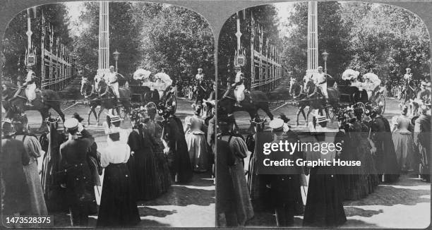 Stereoscopic image showing Russia Royal Alexandra Feodorovna, Empress of Russia, and German Royal Augusta Victoria of Schleswig-Holstein, German...