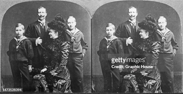 Stereoscopic image showing German Royal Kaiser Wilhelm II, with his wife Empress Augusta Victoria of Schleswig-Holstein and two of their sons, Prince...