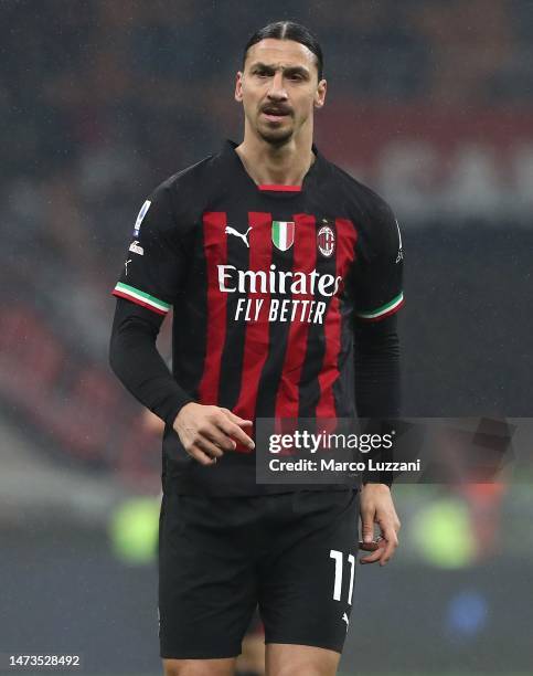 Zlatan Ibrahimovic of AC Milan looks on during the Serie A match between AC MIlan and Salernitana at Stadio Giuseppe Meazza on March 13, 2023 in...